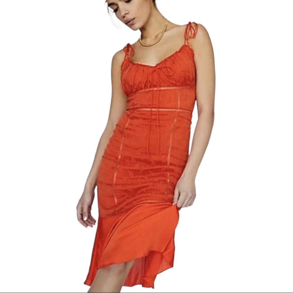 New Free People Athena 0 & 4 Rust Orange Silky Ruched Shoulder Tie Midi Dress
